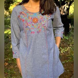 Abrazzo Multicolor Chambray Dress Top Women's 2XL Embroidered‎ Denim Look✅